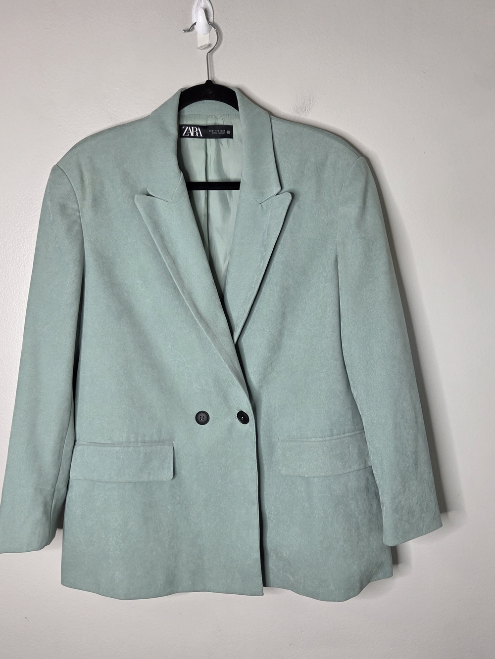 ZARA Light Green Double-Breasted Blazer Faux Suede Like Material